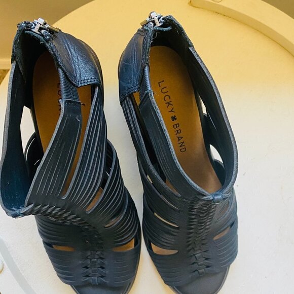 Lucky Brand Women's Black Leather Lace Bootie Open Toe High Heels Size 7.5 M - Picture 5 of 9